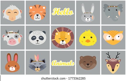 Cartoon cute animals for baby card and invitation. set of various cartoon muzzles isolated on white background. Colorful hand drawn vector illustration