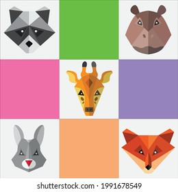Cartoon cute animals for baby card and invitation. Vector illustration. panda, hippopotamus, Giraffe,Rabit, fox.