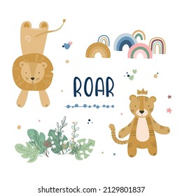 Cartoon cute animals baby card with lion and tiger