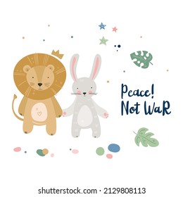 Cartoon cute animals baby card with lion and bunny