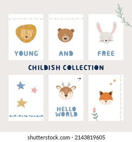 Cartoon cute animals baby card collection with text