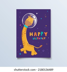 Cartoon cute animals for baby card and invitation astronaut giraffe in space cosmos for print, design, poster,