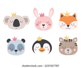 cartoon cute animals for baby card and invitation, vector illustration with koala, bunny, panda, cat, fox and penguin, print for kids of head animals in crown isolated on white