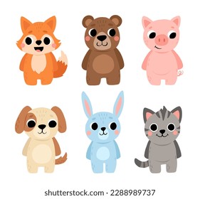 Cartoon cute animals for baby card and invitation. Vector illustration. dog, bunny, bear, cat, fox, pig