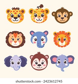 Cartoon cute animals for baby card and invitation. Vector illustration. Lion, dog, bunny, bear, panda, tiger, cat, fox.