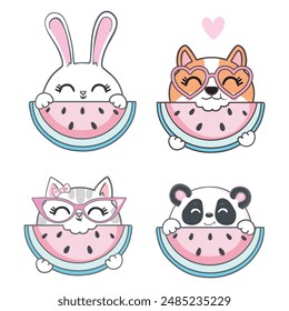 Cartoon cute animals for baby card and invitation. Vector illustration dog, bunny, bear, panda, cat.