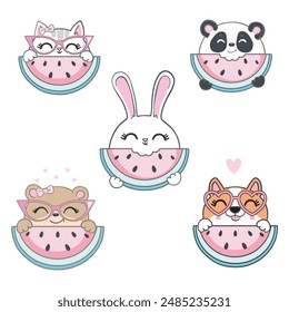 Cartoon cute animals for baby card and invitation. Vector illustration dog, bunny, bear, panda, cat.