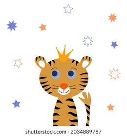 Cartoon cute animals for baby cards and invitations. Vector illustration of a tiger in a crown, starlets around.