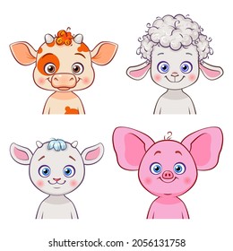 Cartoon cute animals for baby cards, invitations and clothes. Vector farm animals: cow, sheep, goat, pig.