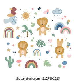 Cartoon cute animals baby set with rainbow