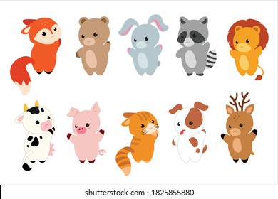 Cartoon cute Animals characters - bear, Fox, raccoon, dog, cat, cow, deer, rabbit, pig and lion. Vector illustration. Vector set with animals in kawaii style for baby cards and invitations.
