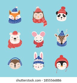 Cartoon cute animals with Christmas hats and scarfs. Merry Christmas. Hand drawn characters. Vector illustration.