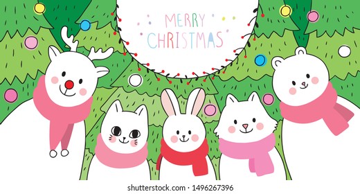 Cartoon cute animals and Christmas tree vector.