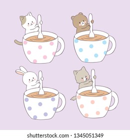 Cartoon cute animals and coffee cup vector.