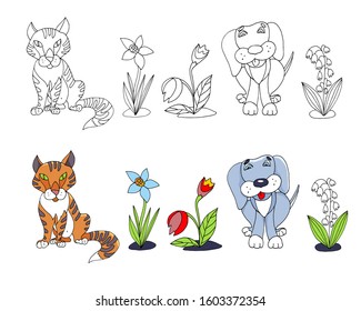 	
Cartoon Cute animals Collection. Flowers, Puppy And Kitten. Coloring pages and colorful designs for coloring book, t-shirt print, icon, logo, label, patch, sticker. Vector illustrations.