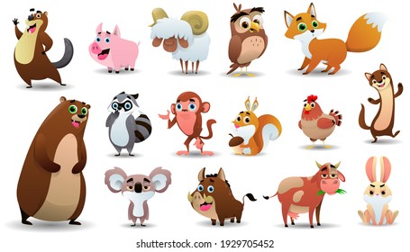 Cartoon cute animals collection. Vector illustration