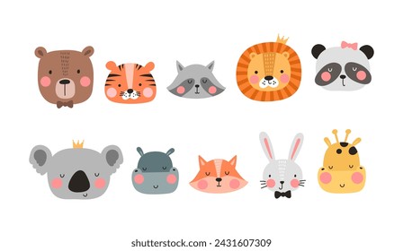 Caricatura linda cara de animales para tarjeta de bebé e invitación. Ilustración vectorial. León, conejo, oso, panda, tigre, conejo, zorro.