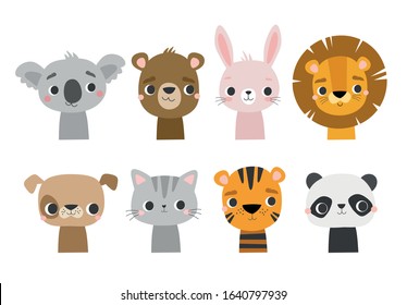 Cartoon cute animals faces for baby card, poster, nursery, apparel, invitation. Vector illustration. Koala, lion, dog, bunny, bear, panda, tiger, cat. - Shutterstock ID 1640797939
