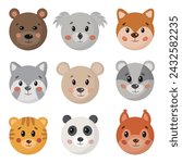 Cartoon cute animals faces collection for baby card, prints, invitation. Cute funny forest and farm animals set isolated on white background. Bear, bibber, cat, fox, tiger, panda, raccoon.