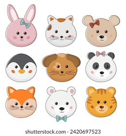 Caricatura animales lindos se enfrentan a la recolección de tarjetas para bebés, impresiones, invitación. Una jungla divertida, un icono de animales de granja y bosque, un retrato aislado sobre fondo blanco. Conejo, gato, zorro, tigre, panda, perro.