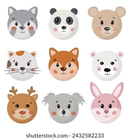 Cartoon niedliche Tiere Gesichtssammlung für Babykarte, Drucke, Einladung. Netter lustiger Dschungel, Wald und Nutztiere Ikone, Porträt-Set isoliert auf weißem Hintergrund. Hase, Katze, Fuchs, Bär, Panda, Hirsch.