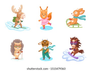 Cartoon cute animals go in for winter sports. Childish vector illustration isolated on white background. Christmas winter concept.