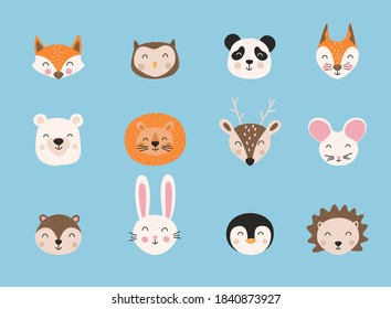 Cartoon cute animals. Hand drawn characters. Vector illustration.