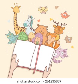 Cartoon cute animals, hands holding fairy tale book with space for your text