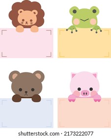 Cartoon cute animals holding memo. Frame for photo, text, note, sticker, label. Little lion, frog, teddy bear, pig icon to do list card. Isolated on white background, vector, illustration, EPS10