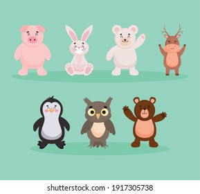 cartoon cute animals icon set over green background, colorful design, vector illustration