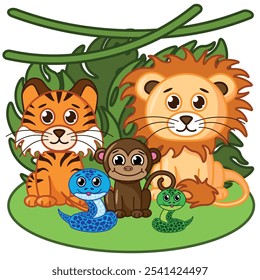 Cartoon cute animals including lion, tiger, monkey, snake. Cartoon flat vector illustration. Children's animal illustration.