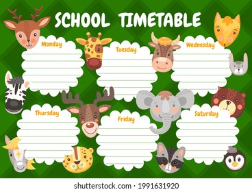 Cartoon cute animals, kids education timetable schedule. Vector school planner, weekly time table with kawaii funny zebra, giraffe and bear with moose, horse and leopard, horse, cow and elephant