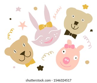 Cartoon cute animals for kids fabric and greeting cards, invitations. Vector illustration of a teddy bear, tiger cub, bunny, pig.