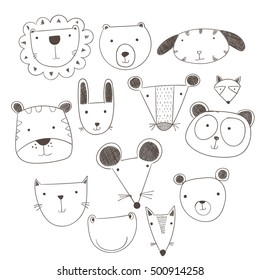 Cartoon cute animals many a highlight.Vector illustration of animal faces