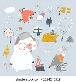 Cartoon cute animals meeting winter in the forest