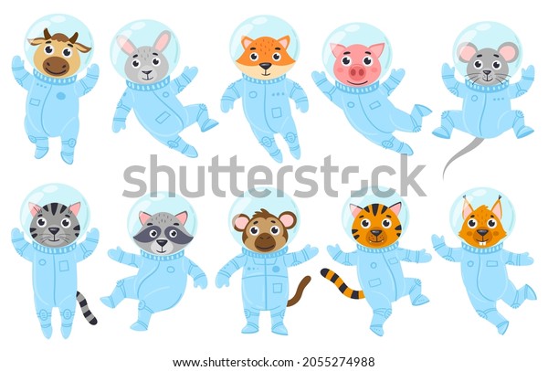Cartoon\
cute animals, pig, mouse and cat astronauts in space suits. Space\
cosmonauts raccoon, cow, monkey vector illustration set. Galaxy\
animals astronauts cat and fox, cow and\
mouse