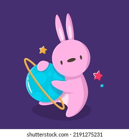Cartoon cute animals rabbit with planet in space cosmos for design, books, print, design, poster, greeting card, postcard