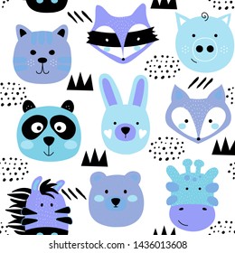 Cartoon cute animals seamless pattern. Scandinavian kids texture for fabric, wrapping, textile, wallpaper, apparel.  Stylish vector illustration print isolated on white background.