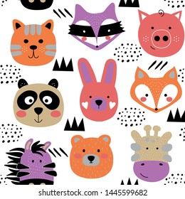 Cartoon cute animals seamless pattern. Scandinavian kids texture for fabric, wrapping, textile, wallpaper, apparel.  Creative vector illustration print isolated on white background.