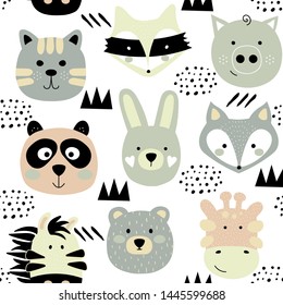 Cartoon cute animals seamless pattern. Scandinavian kids texture for fabric, wrapping, textile, wallpaper, apparel.  Colorful vector illustration print isolated on white background.
