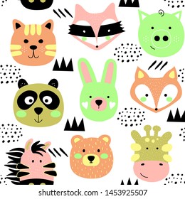 Cartoon cute animals seamless pattern. Scandinavian kids texture for fabric, wrapping, textile, wallpaper, apparel.  Hipster vector illustration print isolated on white background.