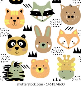 Cartoon cute animals seamless pattern. Scandinavian kids texture for fabric, wrapping, textile, wallpaper, apparel.  Hipster vector illustration print isolated on white background.