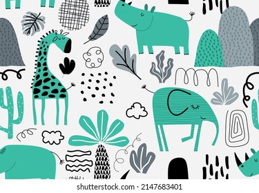 Cartoon cute animals. seamless pattern
