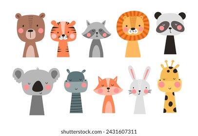 Cartoon cute animals set for baby card and invitation. Vector illustration. Lion, bunny, bear, panda, tiger, rabbit, fox.