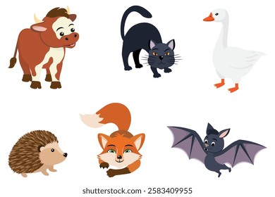 Cartoon cute animals set. Cow, fox, cat, bat, goose, hedgehog isolated on white background. Vector illustration, kids design.