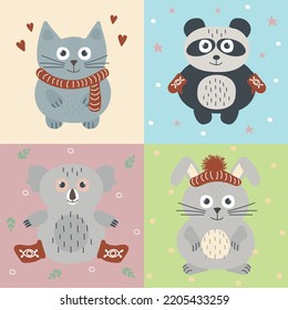 Cartoon cute animals set. Hand drawn cat, panda, koala and rabbit wearing winter clothes on colorful background.  Vector illustration. For kids design, fabric, wrapping, textile, wallpaper.