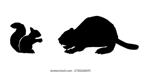 Animales lindos de la historieta, ardilla y castor bosque amigos Vector silueta ilustración aislada en blanco. Divertido pequeño roedor, Pequeño animal.  Encantador símbolo de mascota. Trabajador de la construcción del castor en el río.