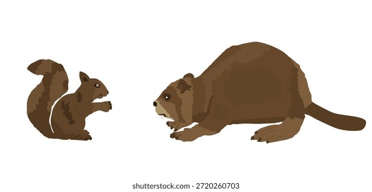 Cartoon süße Tiere, Eichhörnchen und Biberwald Freunde Vektorgrafik einzeln auf weißem Hintergrund. Lustiges kleines Nagetier, kleines Tier.  Schönes Haustier-Symbol. Biberbauer auf dem Fluss.