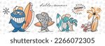 
Cartoon cute animals surfers set, Funny hand drawn characters for kids, Vector cartoon illustration. whale, shark, turtle, crab. Hello summer slogan.