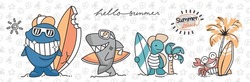 
Cartoon Cute Animals Surfers Set, Funny Hand Drawn Characters For Kids, Vector Cartoon Illustration. Whale, Shark, Turtle, Crab. Hello Summer Slogan.